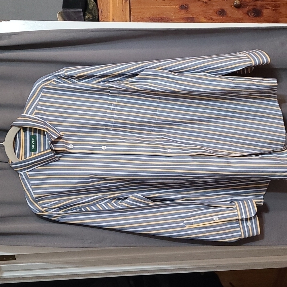 Orvis Mens Button Down Shirt Longsleeve Gray/Gold/White Striped‎ Size XL EUC